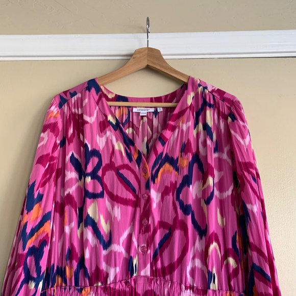 Chico's Pink Artsy Print Tiered Maxi Dress Sz.2 or 12 V- neck LS Lined Colorful - Picture 2 of 13